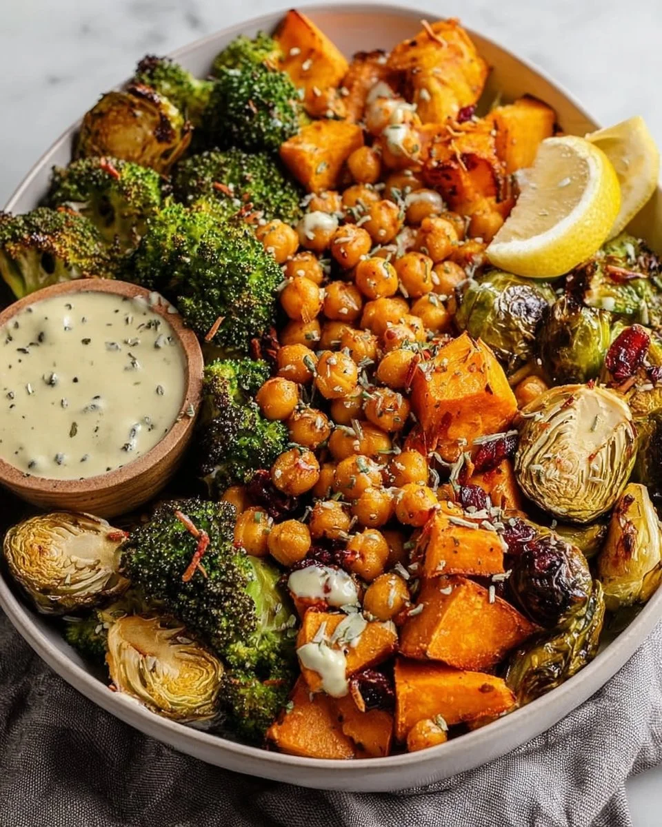 Plate of seasoned roasted chickpeas and colorful veggies ready to eat