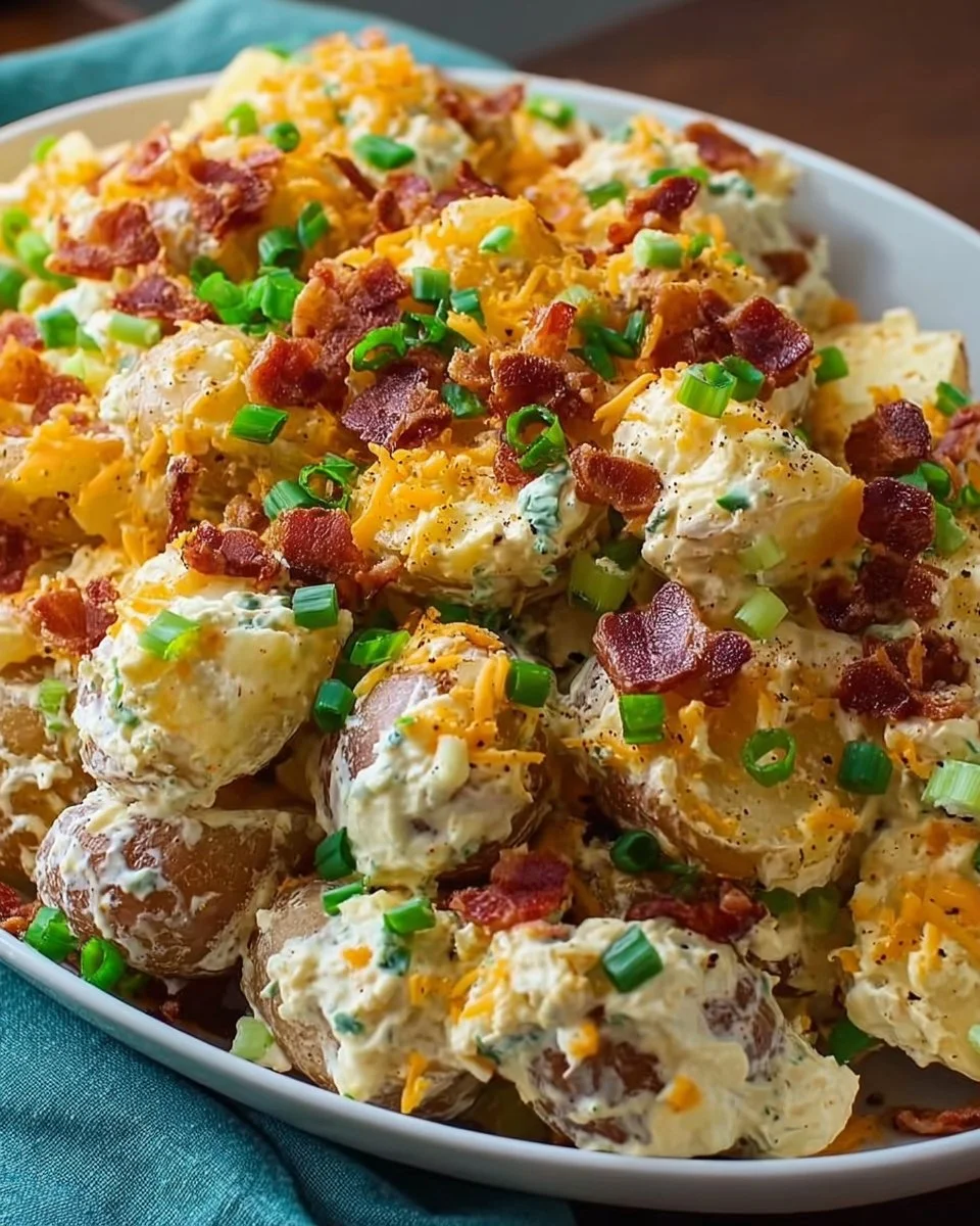 Bacon Loaded Potato Salad in a bowl, garnished with parsley.