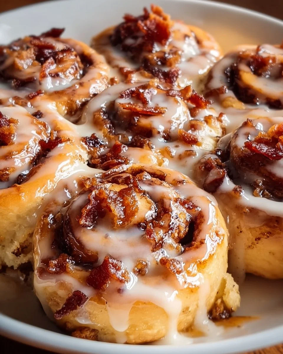 Delicious Bacon Maple Cinnamon Rolls topped with maple glaze