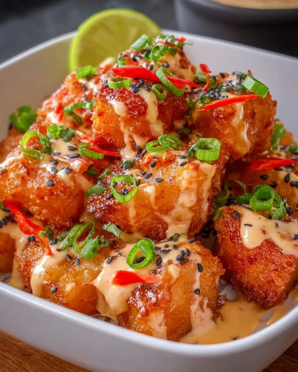 Crispy Bang Bang Salmon Bites served on a plate with dipping sauce
