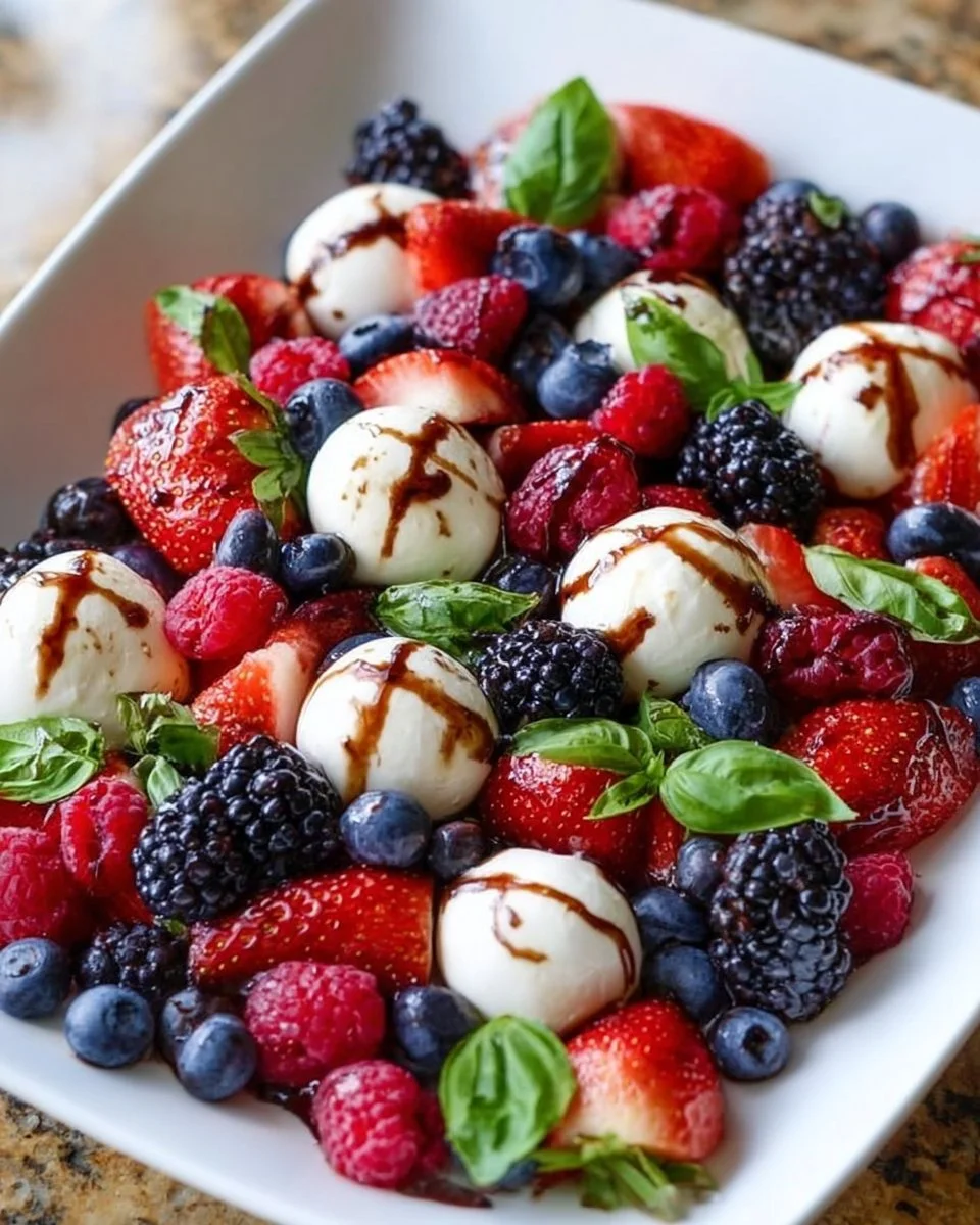 Delicious Berry Caprese Salad featuring fresh berries, mozzarella, and basil.