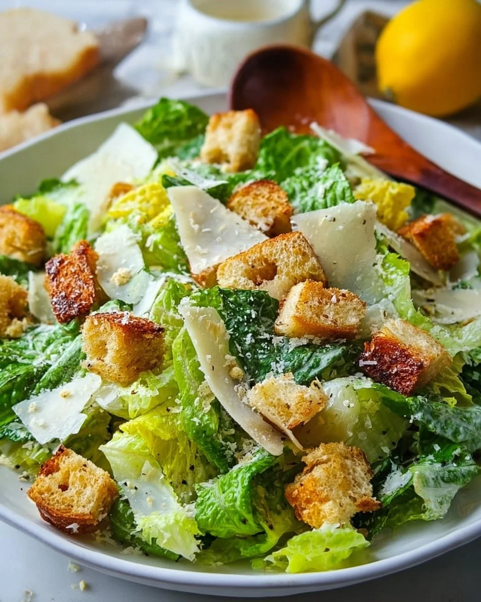 A delicious homemade Caesar salad with crisp romaine lettuce, croutons, and parmesan cheese.