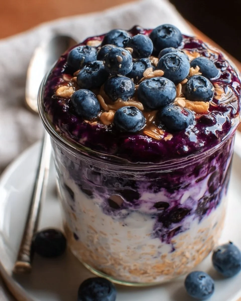 Delicious blueberry pie overnight oats topped with fresh blueberries and almond slices.