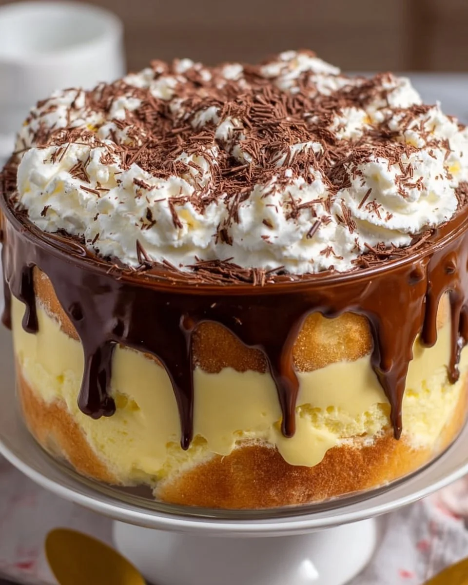 Layered Boston Cream Pie Trifle with custard and chocolate topping