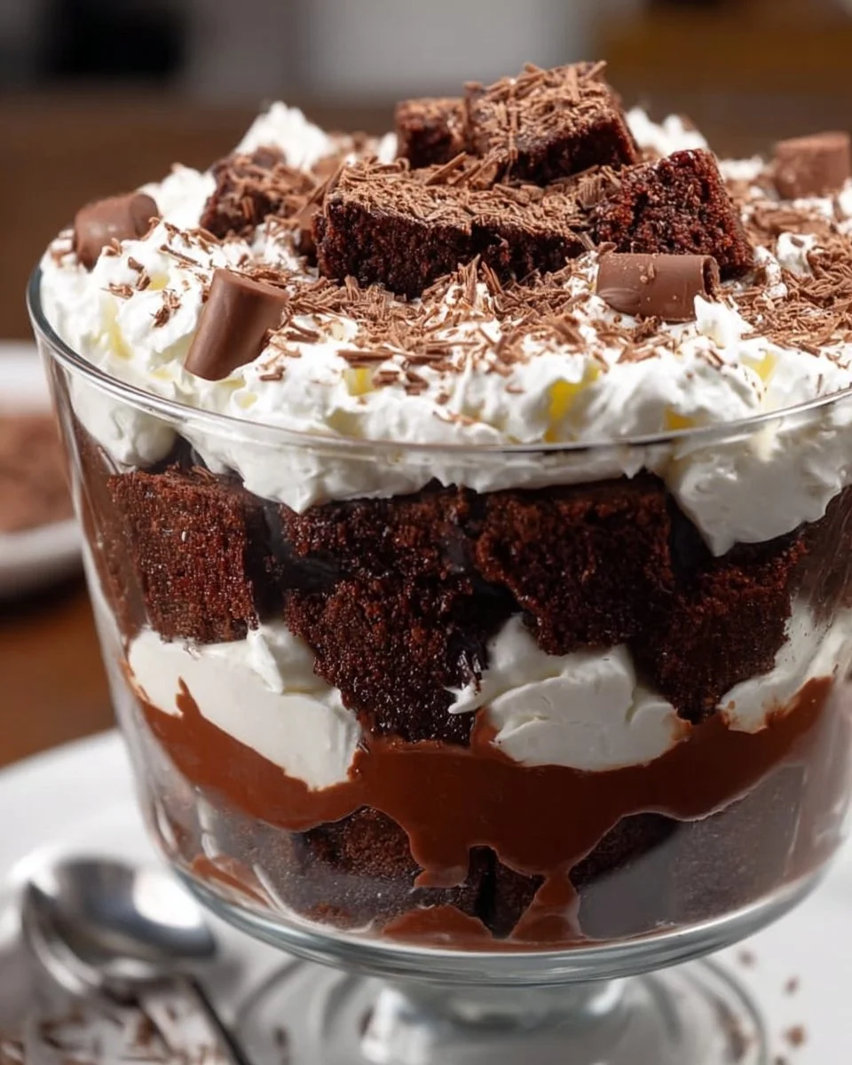 Delicious brownie trifle dessert with layers of chocolate and cream.