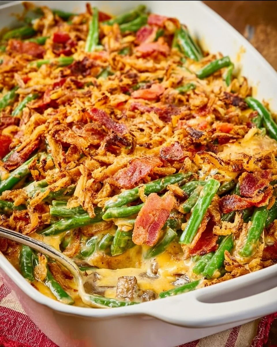 Cheesy Green Bean Casserole with Bacon