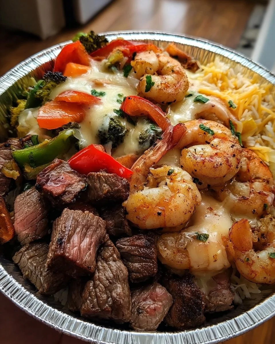 Cheesy steak and shrimp skillet bowl garnished with fresh herbs