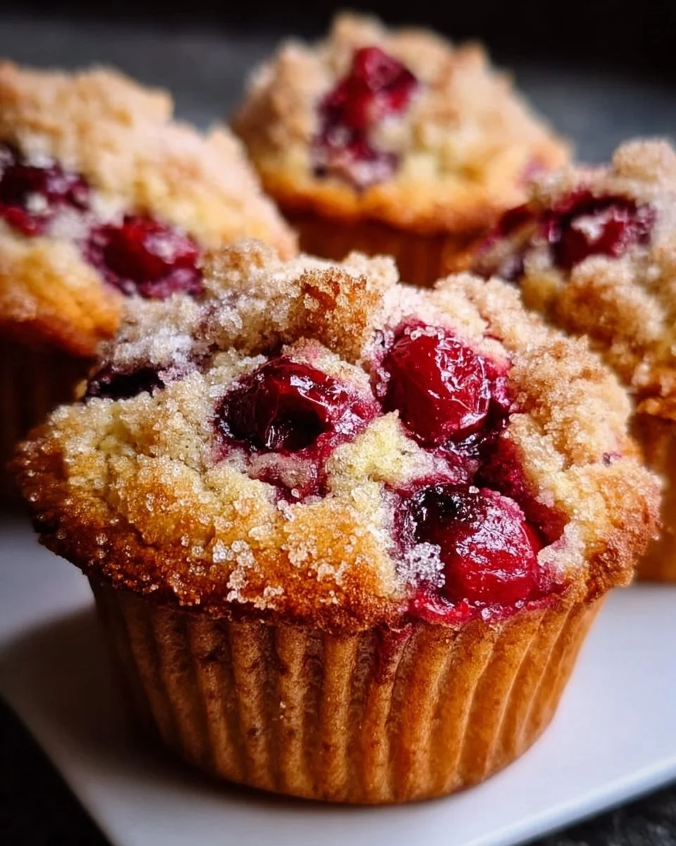 Homemade cherry cobbler muffins with fresh cherries on a wooden table.