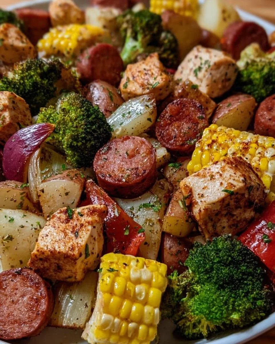 Chicken, sausage, potatoes, and broccoli in foil packets ready for grilling