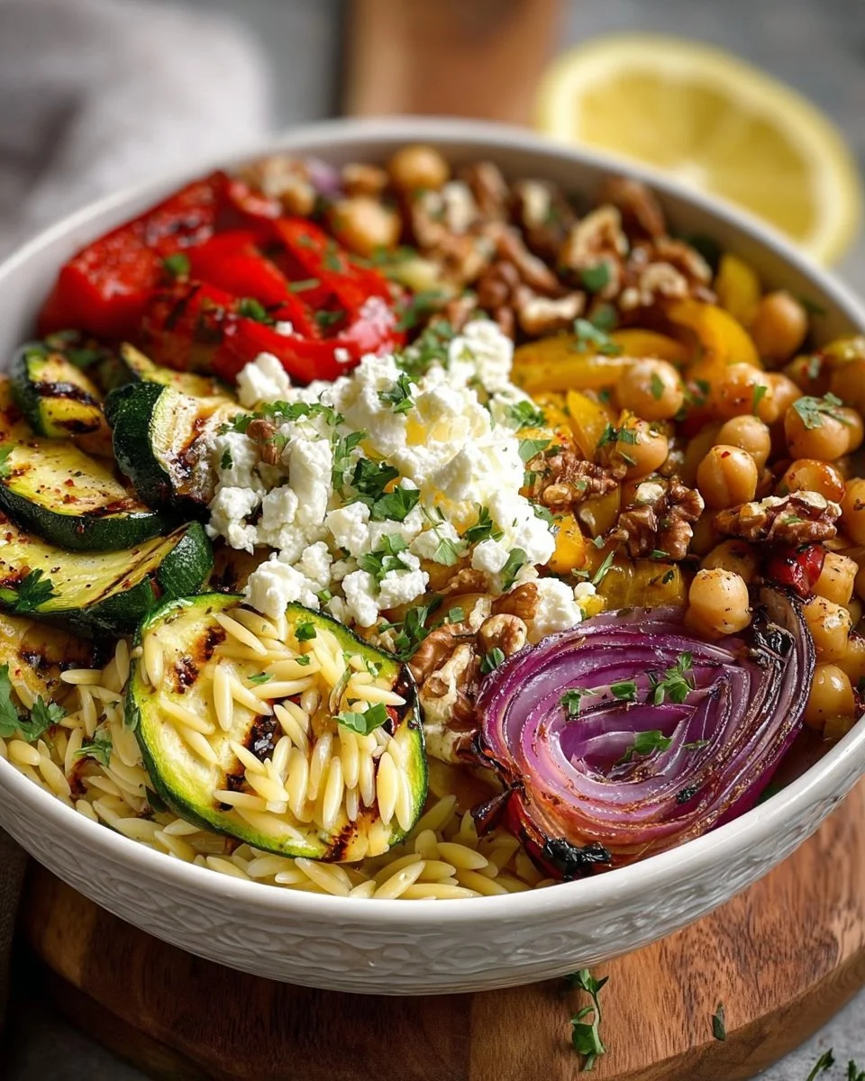 Chickpea Orzo Bowl topped with feta, roasted vegetables, and walnuts