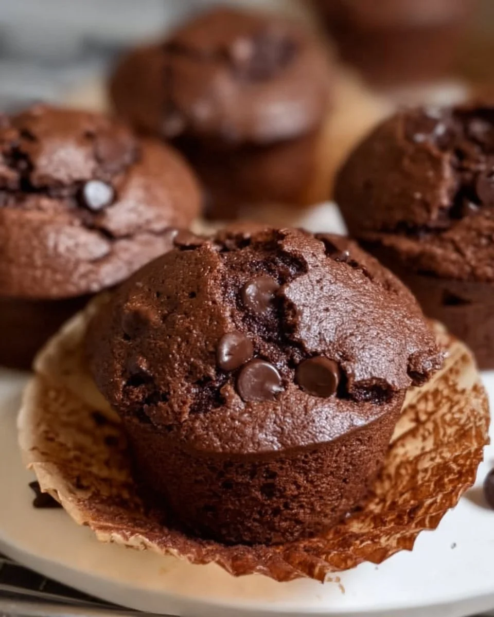 Freshly baked chocolate sourdough muffins on a wooden table