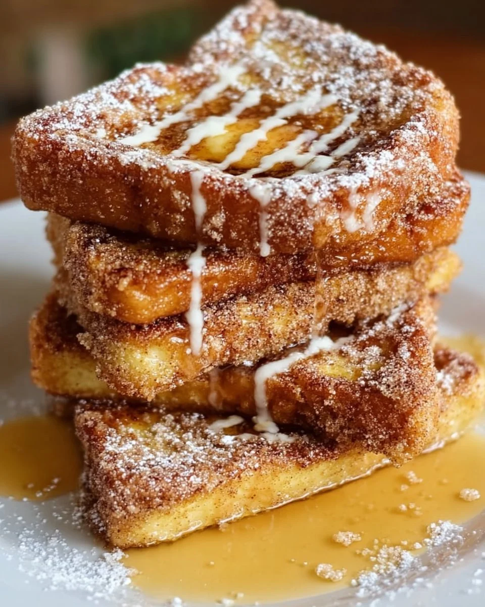 Delicious Churro French Toast topped with cinnamon sugar and syrup.
