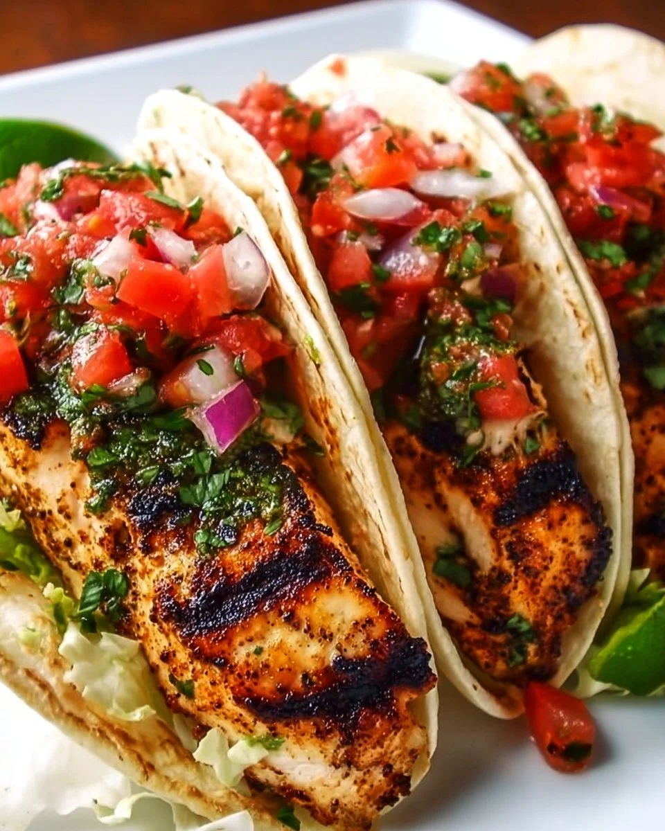 Cilantro lime grilled chicken tacos garnished with fresh cilantro