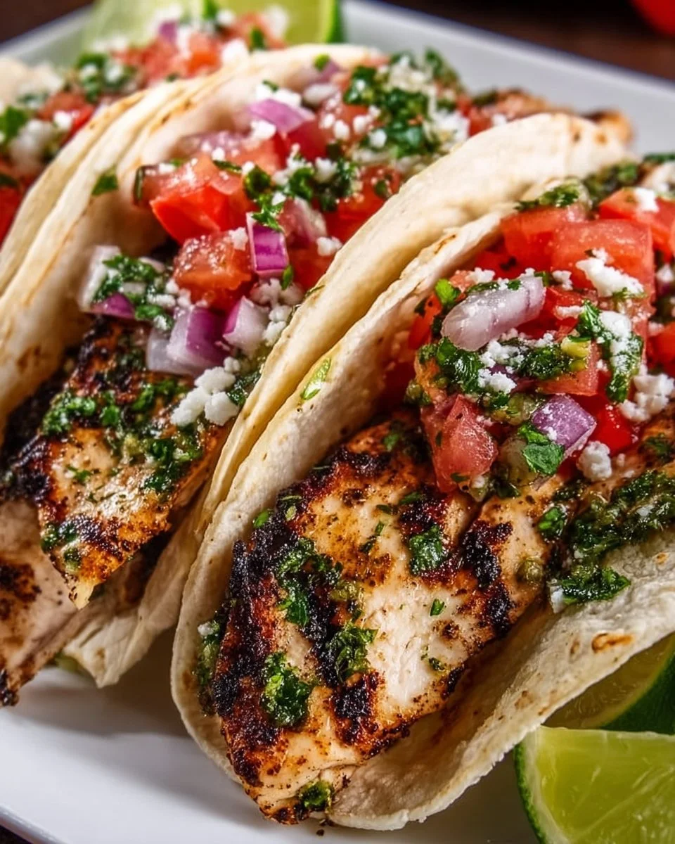 Cilantro Lime Grilled Chicken Tacos with fresh toppings and lime wedges