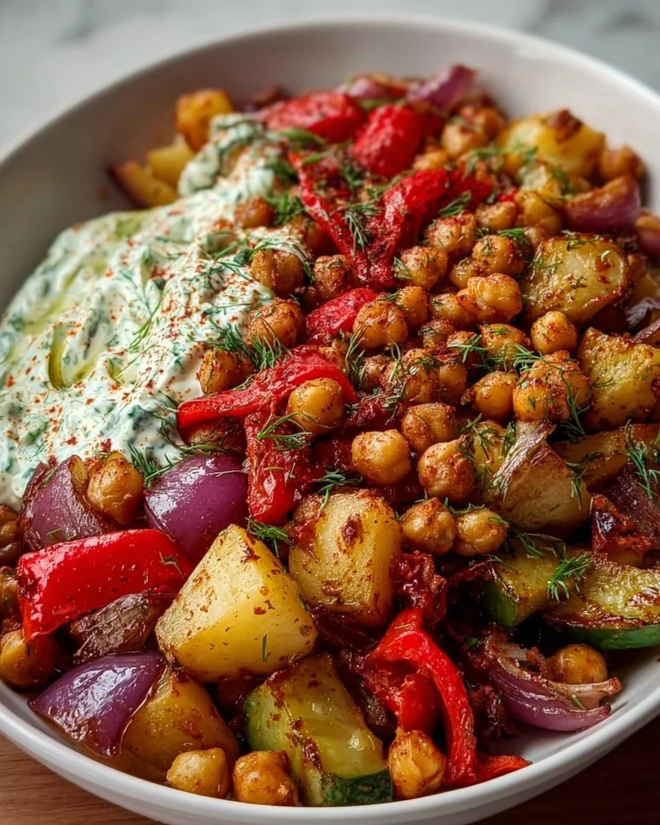 A colorful platter of classic Mediterranean roasted vegetables including peppers, zucchini, and eggplant.