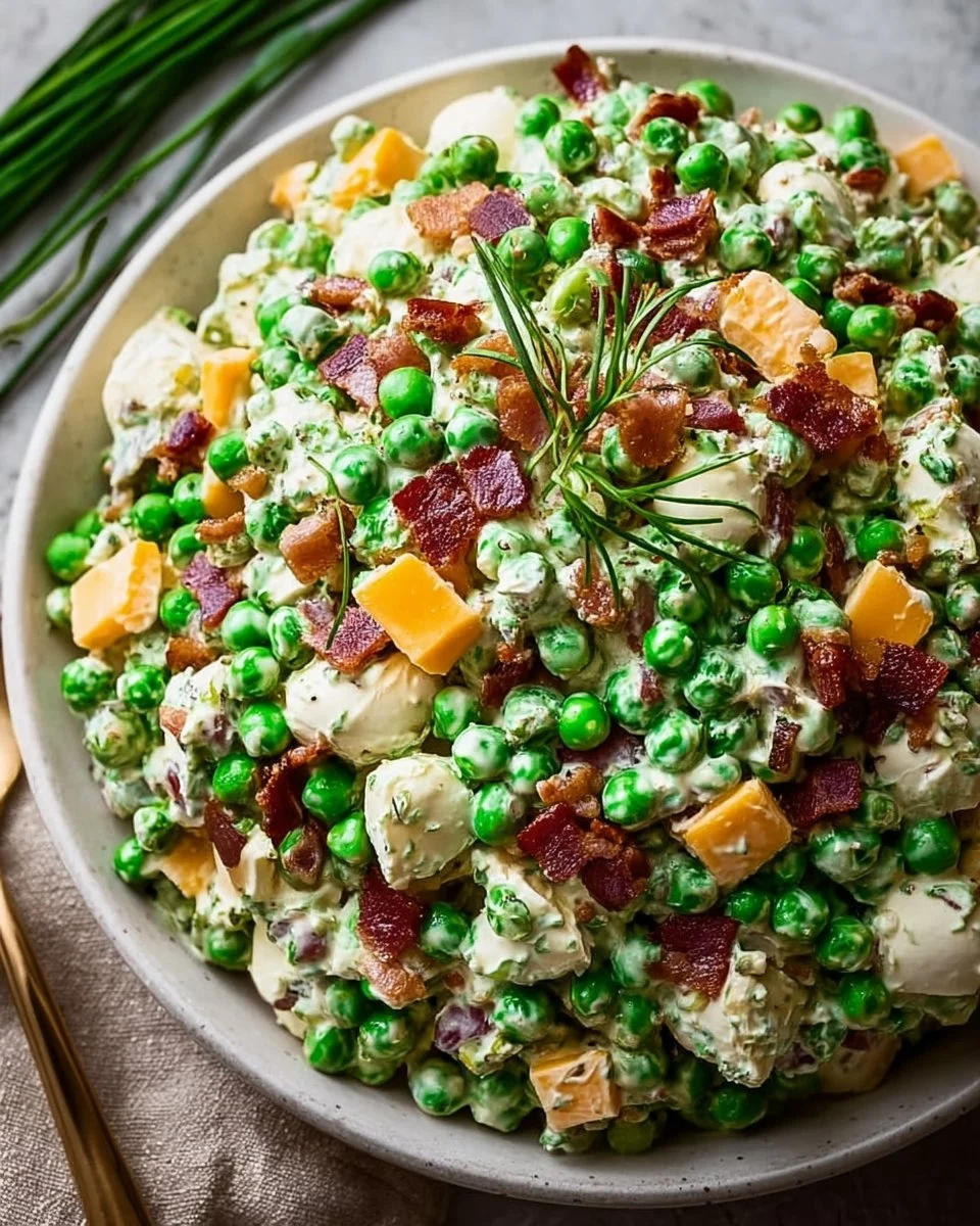 Classic pea salad with fresh peas, onions, and creamy dressing in a bowl