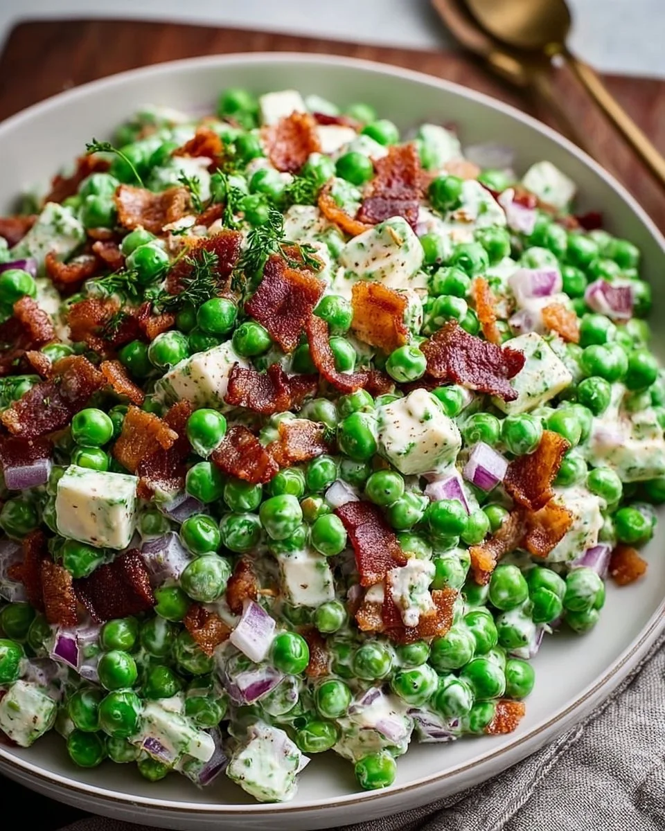 A bowl of classic pea salad with fresh peas, cheese, and dressing