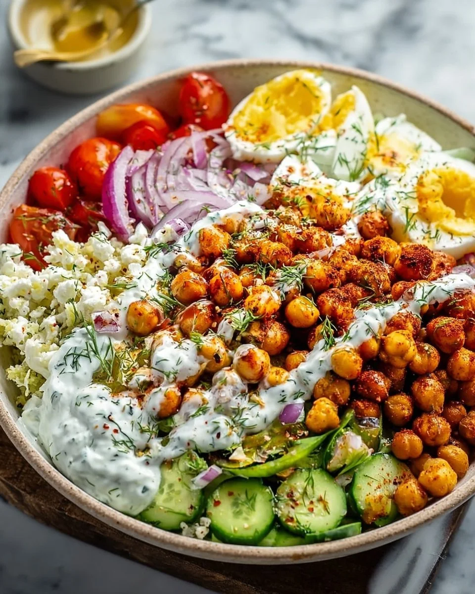 Mediterranean Roasted Chickpea Bowl with fresh vegetables and tahini dressing