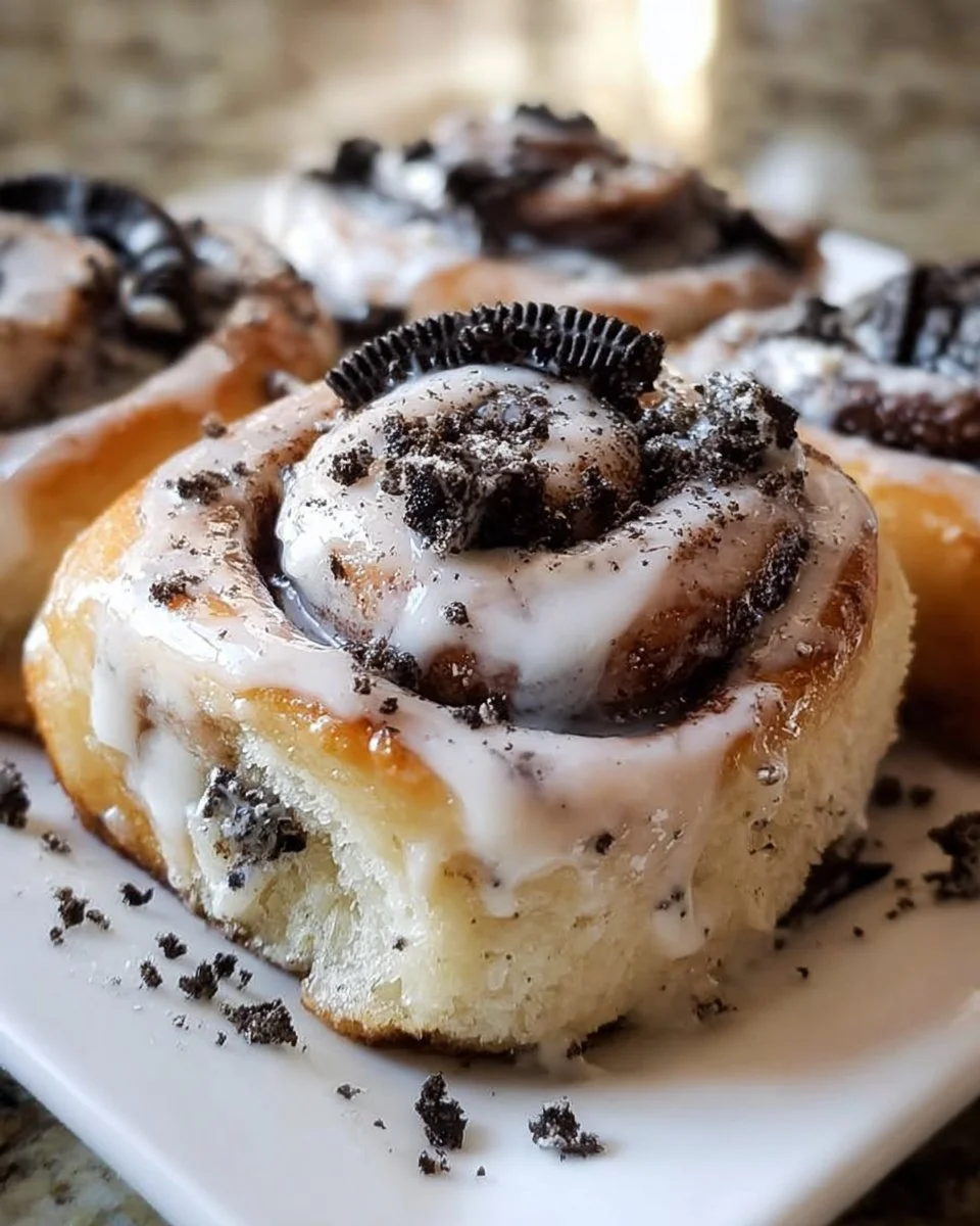 Delicious Cookies and Cream Cinnamon Rolls drizzled with icing.