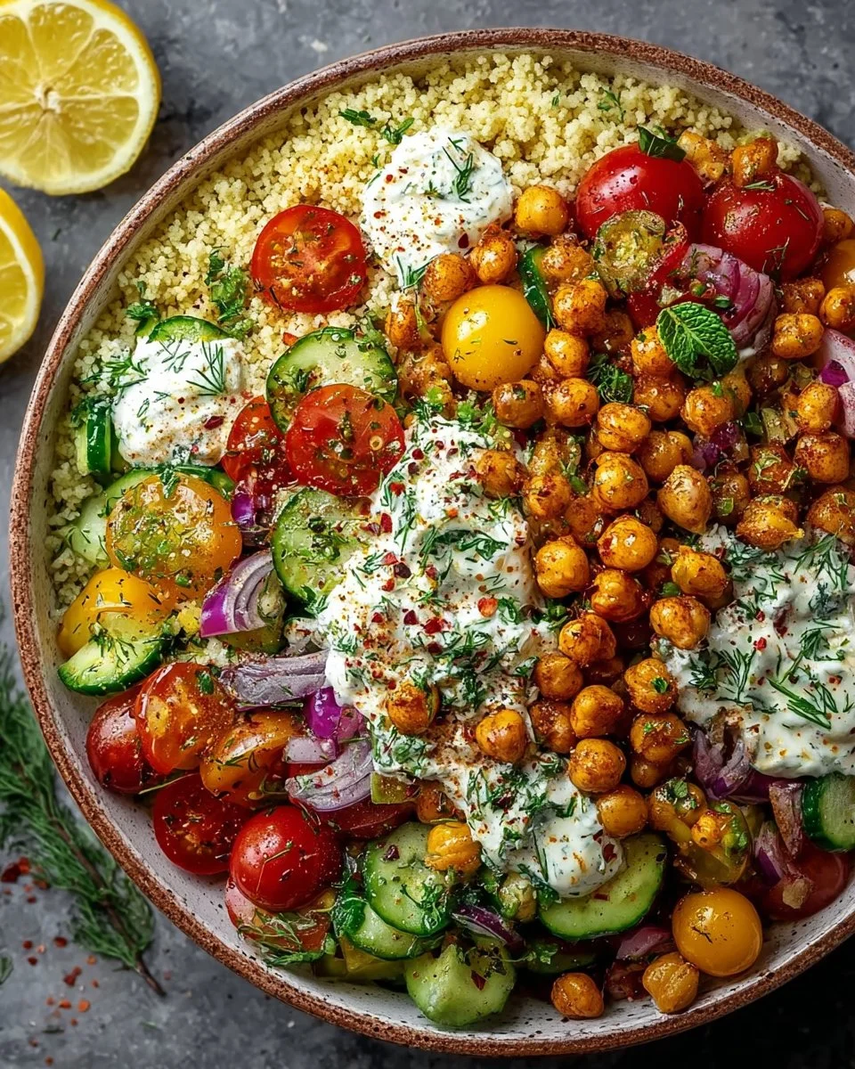 Couscous salad topped with roasted chickpeas and served with herbed yogurt.