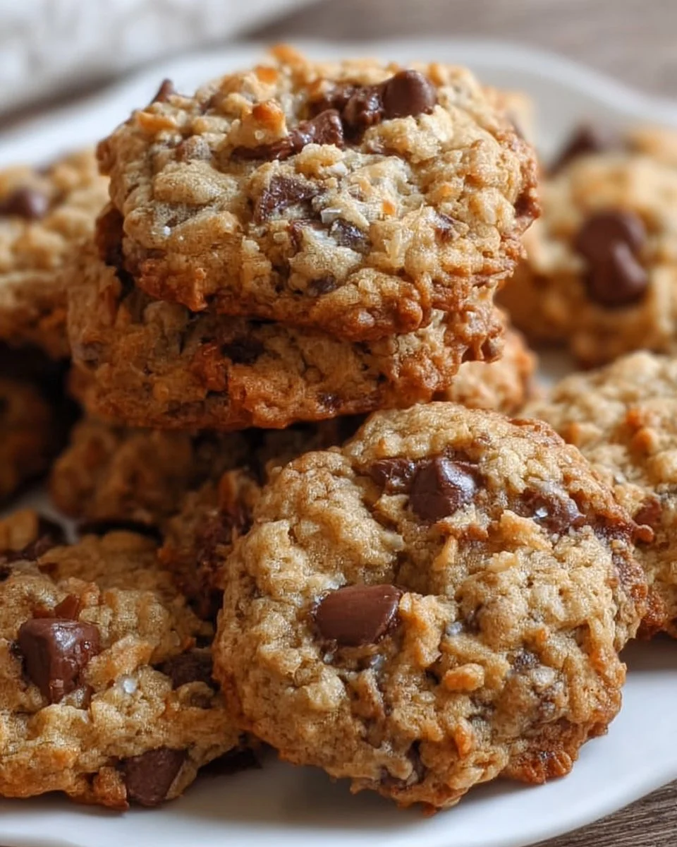 Delicious cowboy cookies with oats, chocolate chips, and nuts on a rustic plate