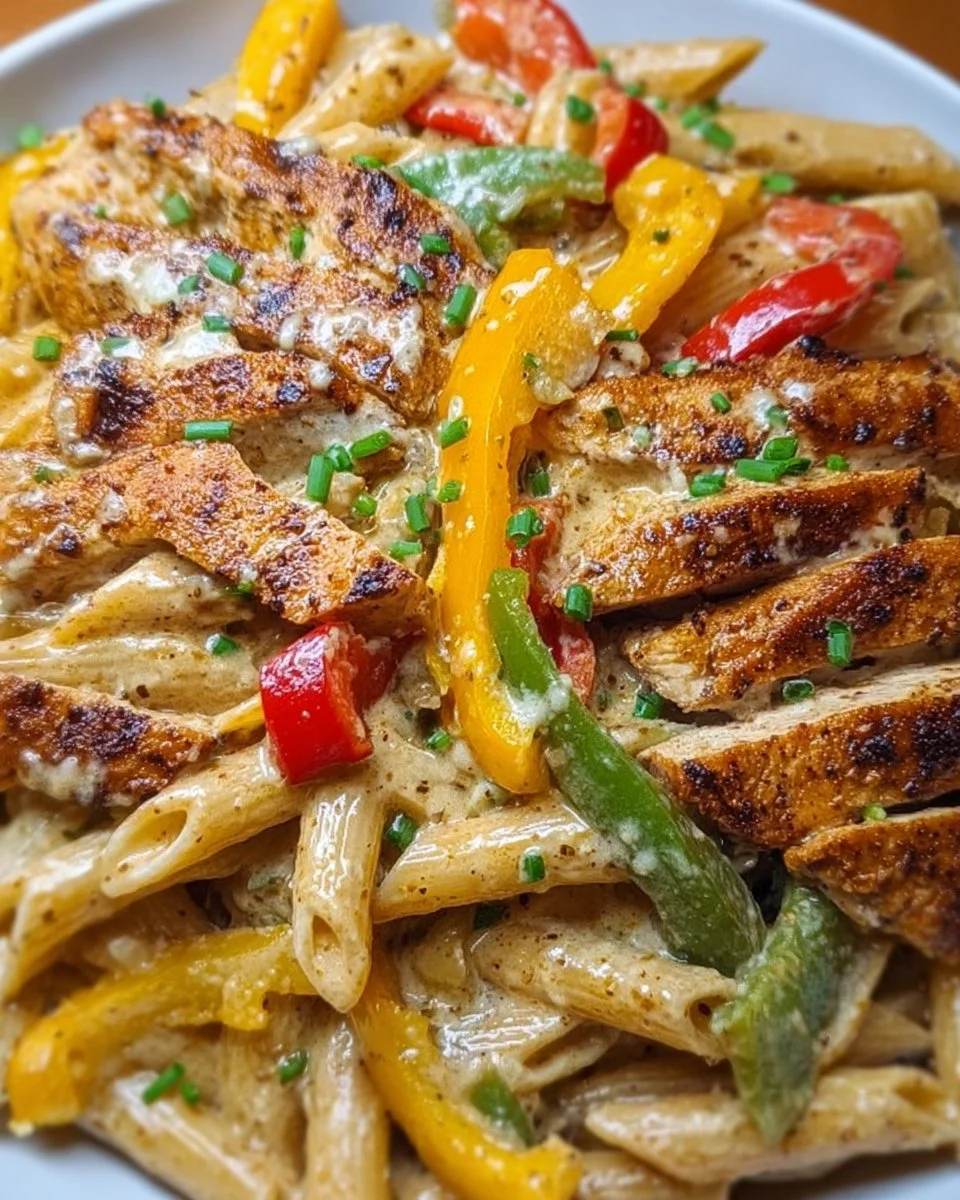 Creamy jerk chicken rasta pasta in a vibrant bowl garnished with herbs