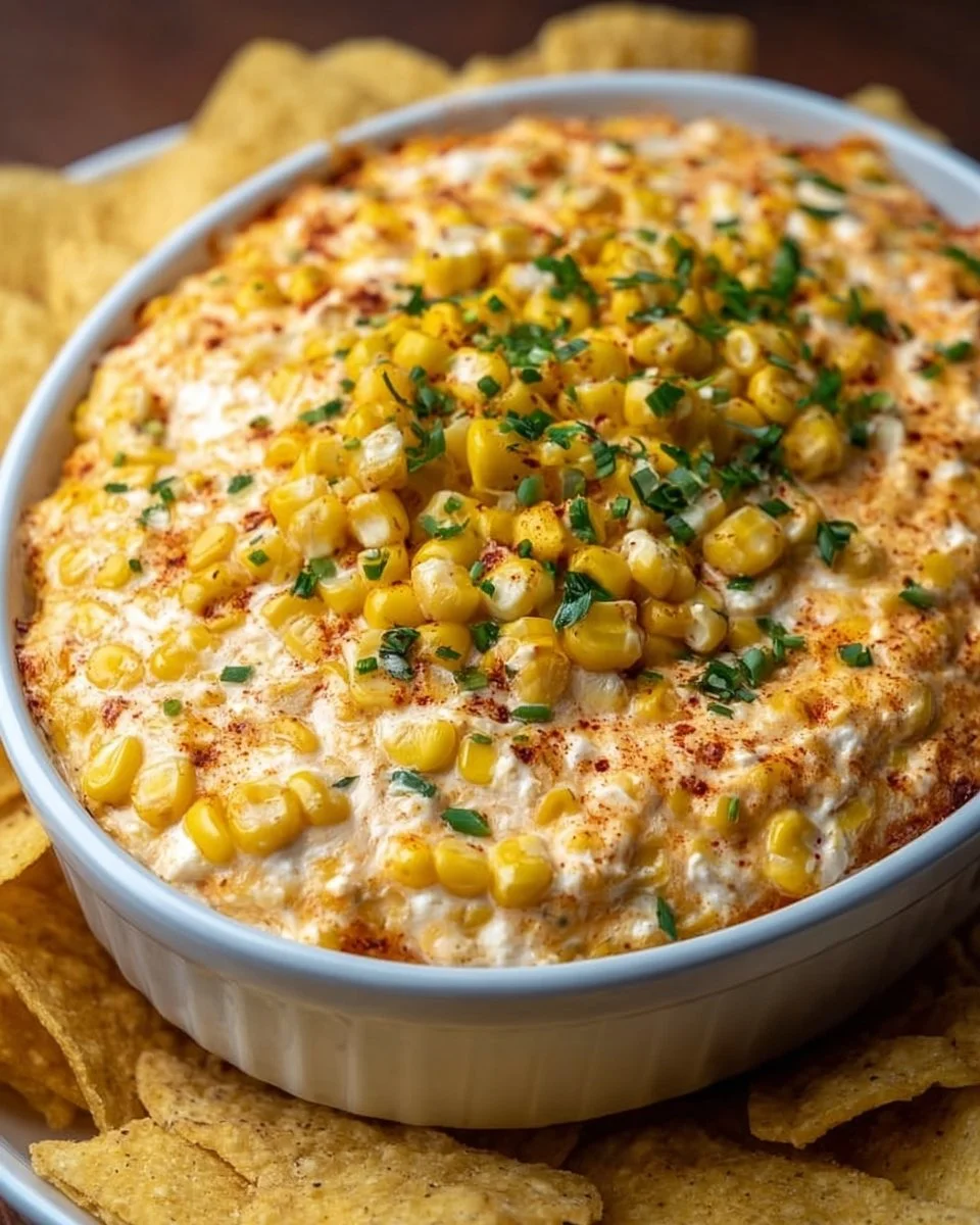 Delicious Creamy Mexican Corn Dip served in a bowl with tortilla chips