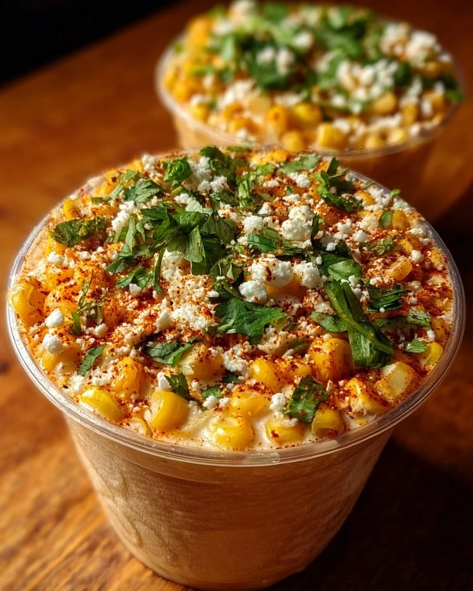 Creamy Mexican street corn cup garnished with cheese and spices