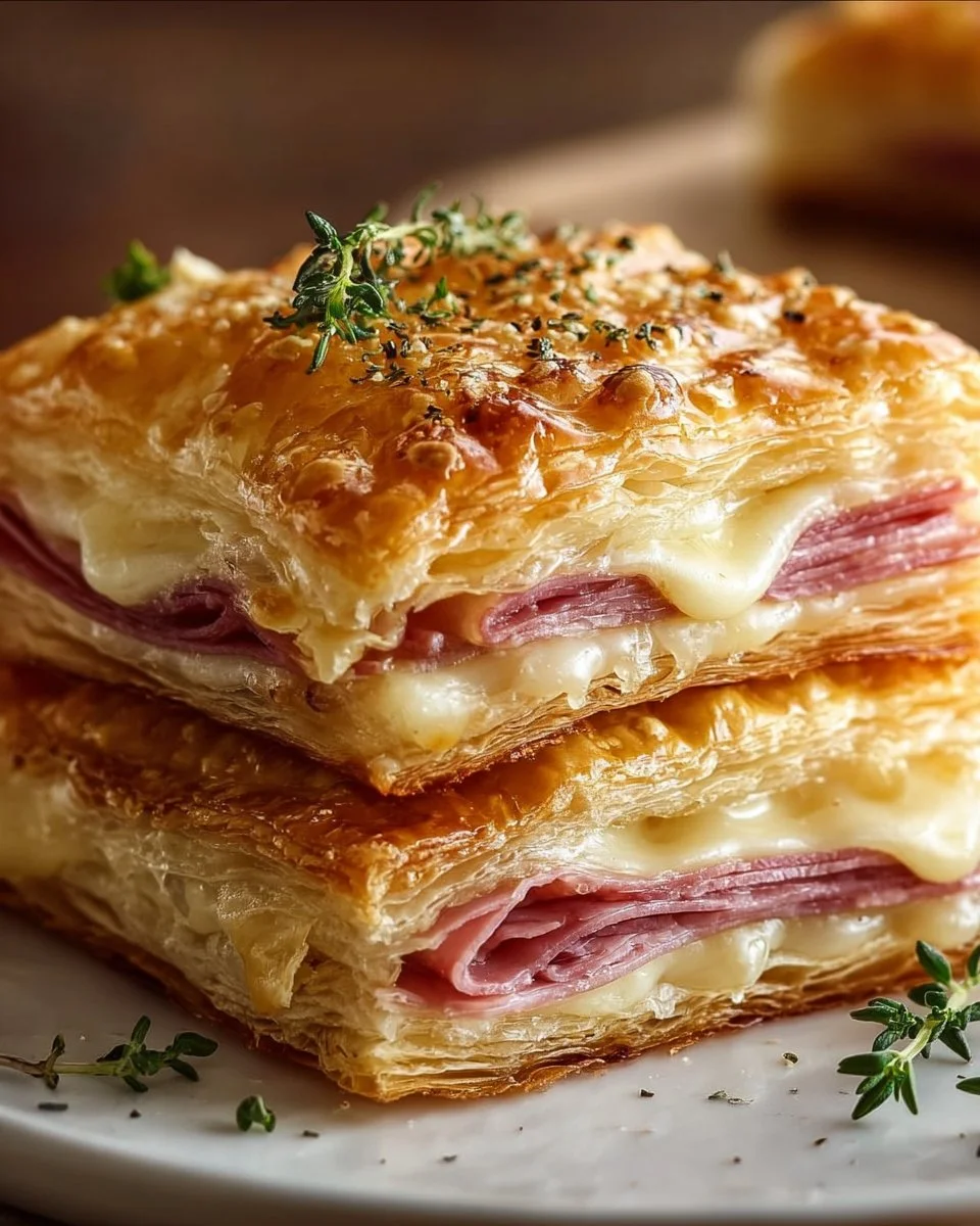Crispy ham and cheese puff pastry stacks served on a plate.