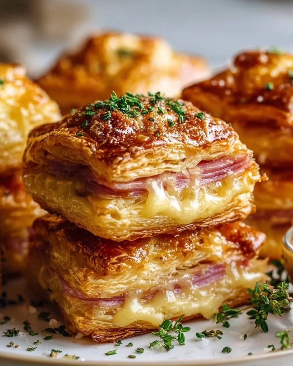 Crispy ham and cheese puff pastry stacks on a platter