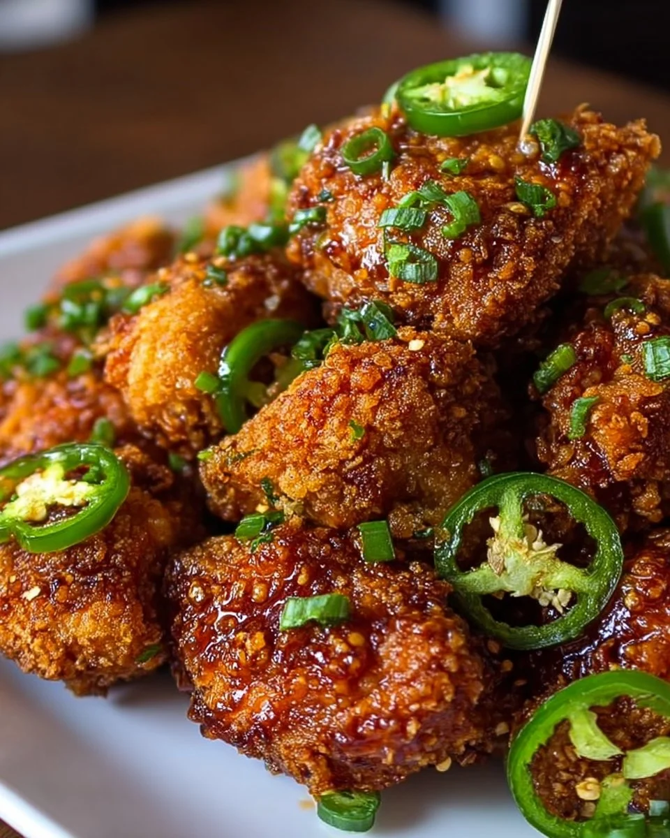 Crispy Spicy Jalapeño Chicken garnished with fresh herbs and jalapeños