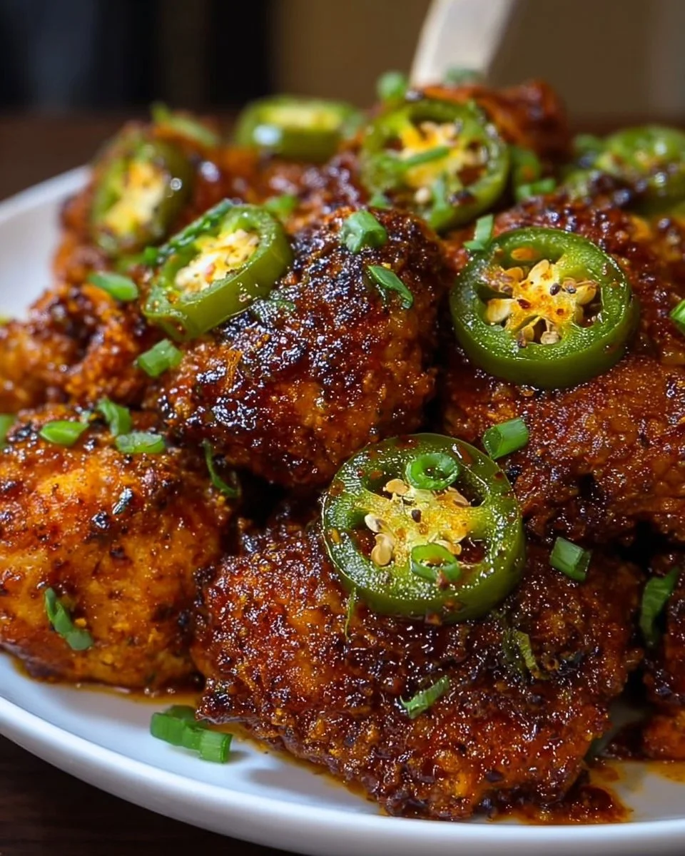 Plate of crispy spicy jalapeño chicken garnished with fresh herbs.
