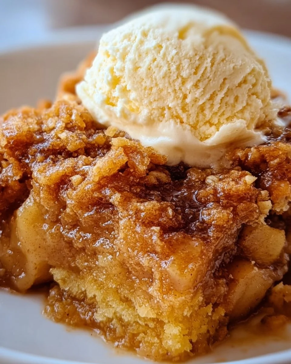 Delicious Crock Pot Apple Dump Cake served in a bowl with a scoop of ice cream
