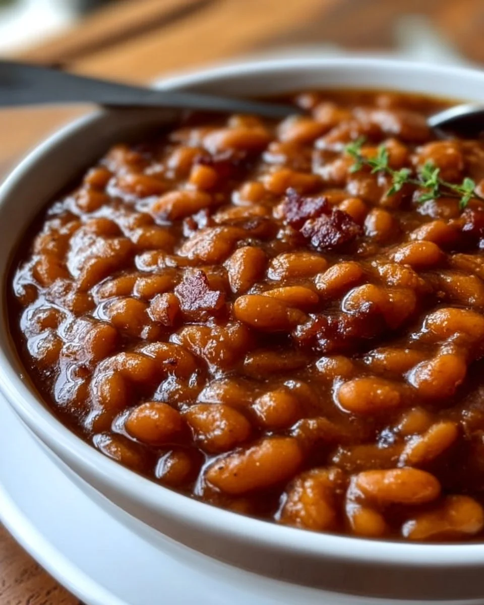 Delicious crockpot baked beans ready to be served