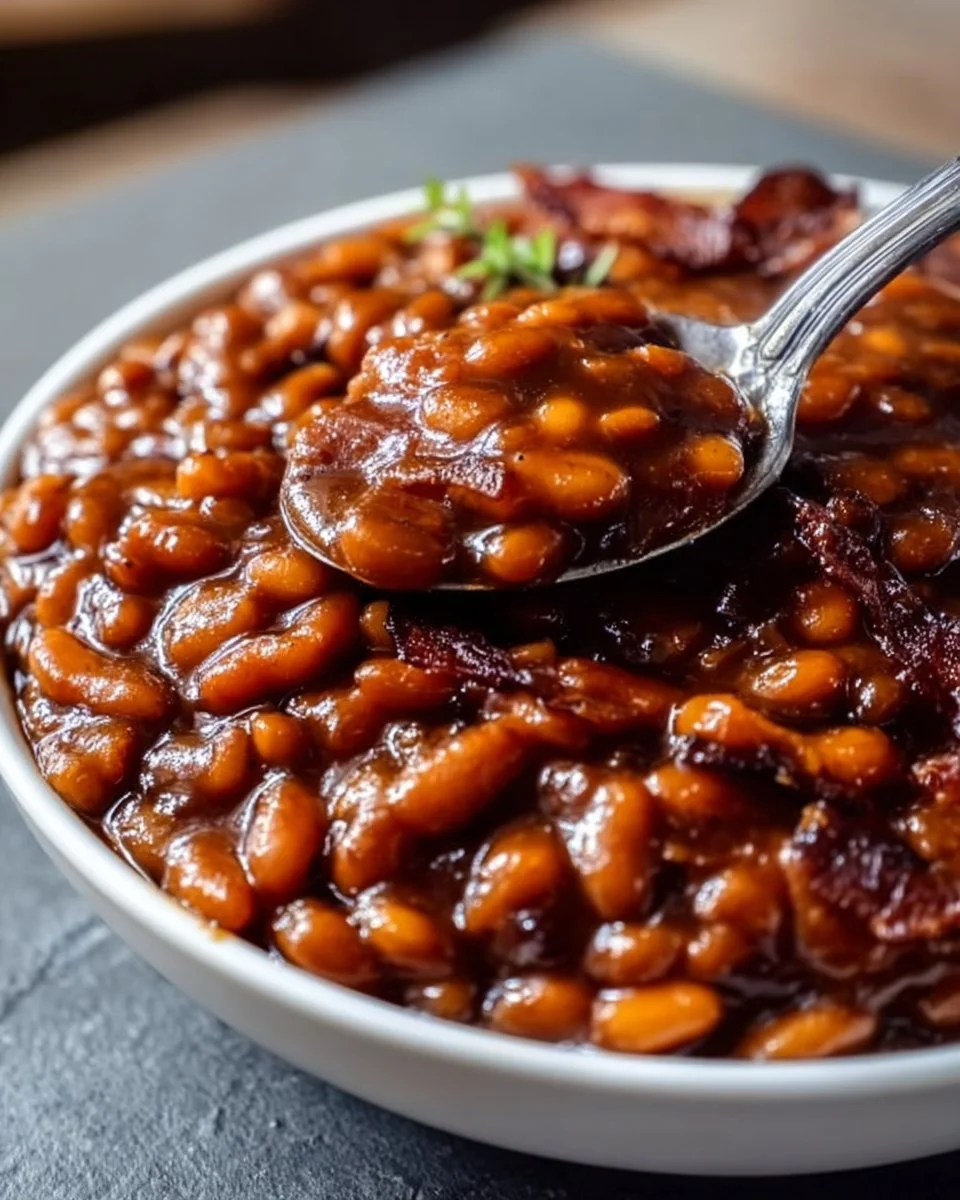 Delicious crockpot baked beans in a bowl garnished with herbs