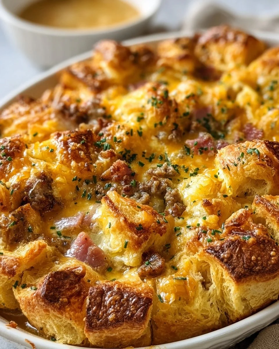 Delicious croissant bake breakfast casserole served with fresh toppings.