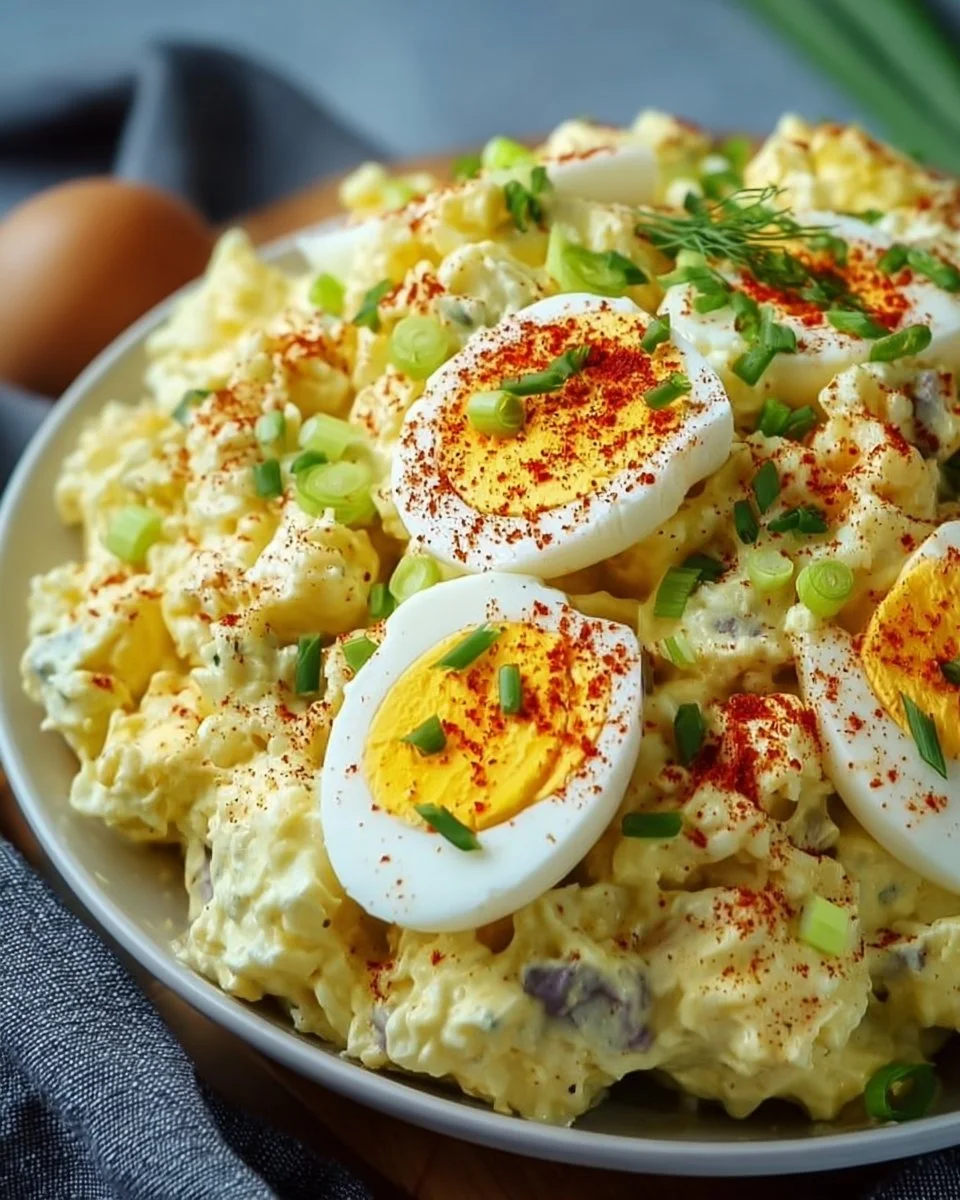 Deviled egg potato salad served in a bowl with garnishes.