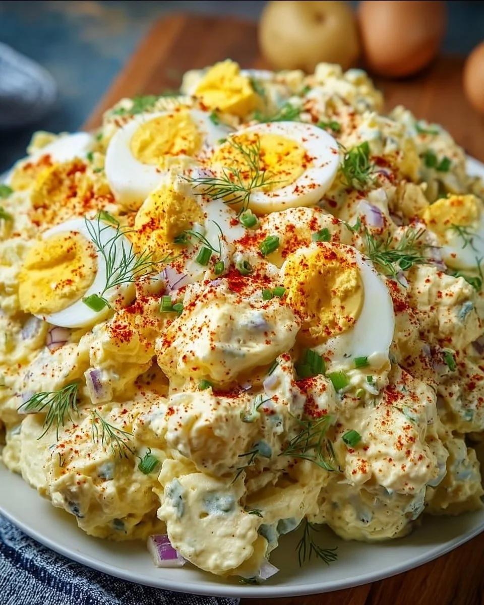 Deviled egg potato salad served in a bowl, garnished with herbs.