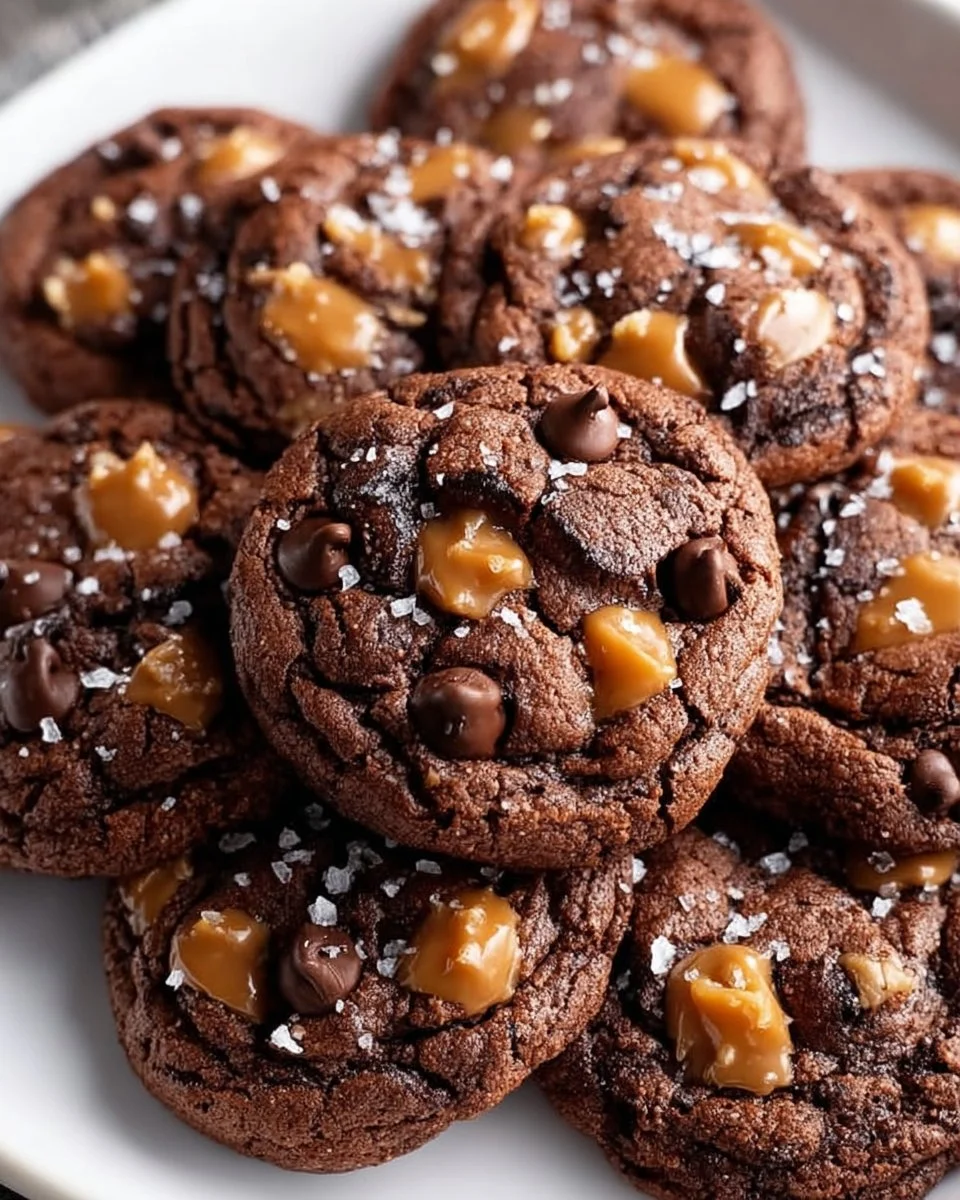 Delicious double chocolate salted caramel cookies on a plate.