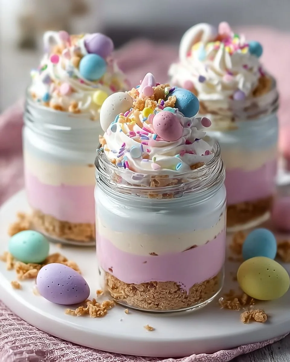Easter Egg Cheesecake Jars with colorful decorations and creamy filling