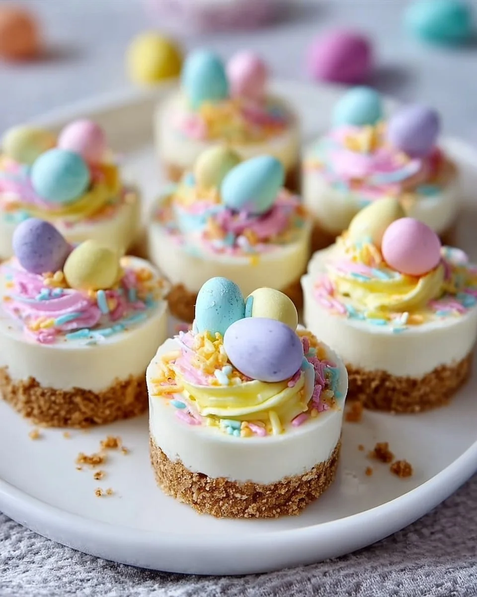 Easter no-bake mini cheesecakes topped with colorful decorations.