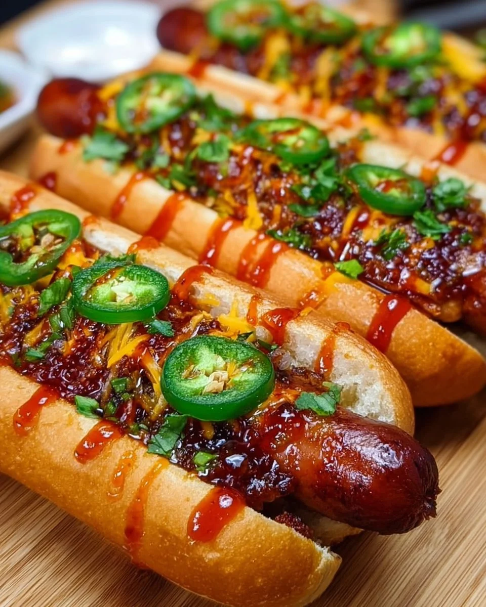 Firecracker hot dogs with a sweet and spicy sauce, perfect for summer grilling.