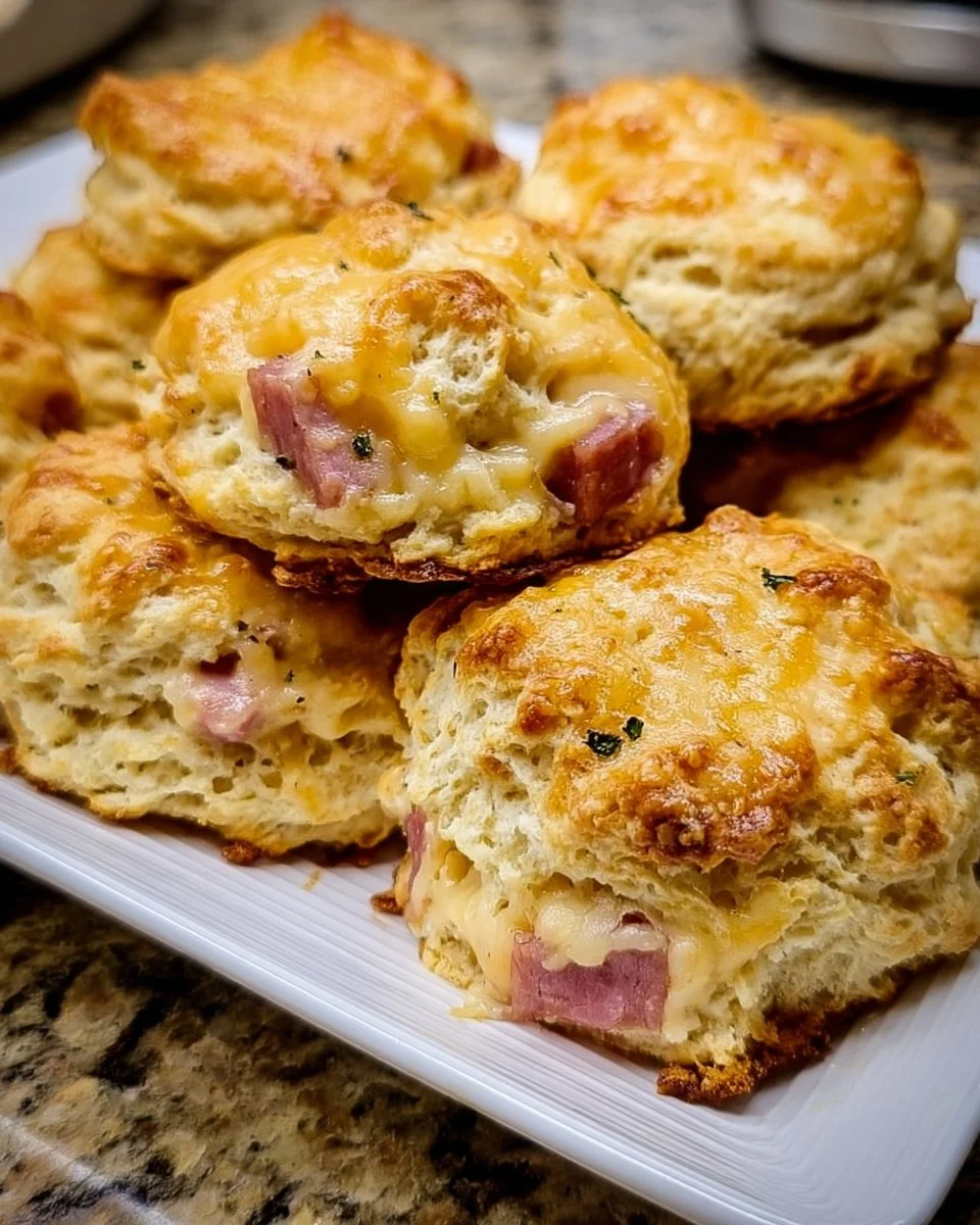 Freshly baked ham and cheese butter biscuits on a cooling rack.
