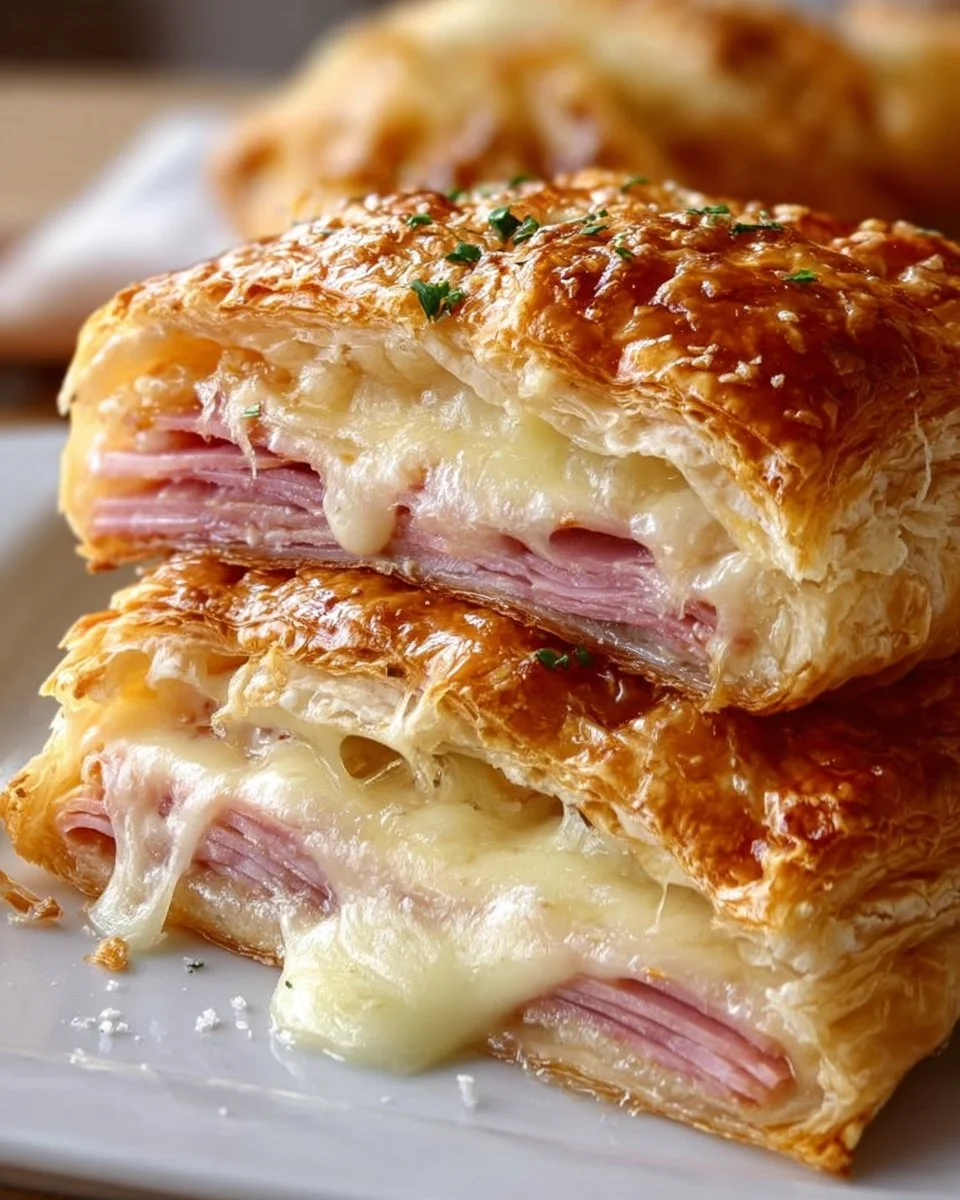 Delicious ham and cheese puff pastry ready to serve as an appetizer.