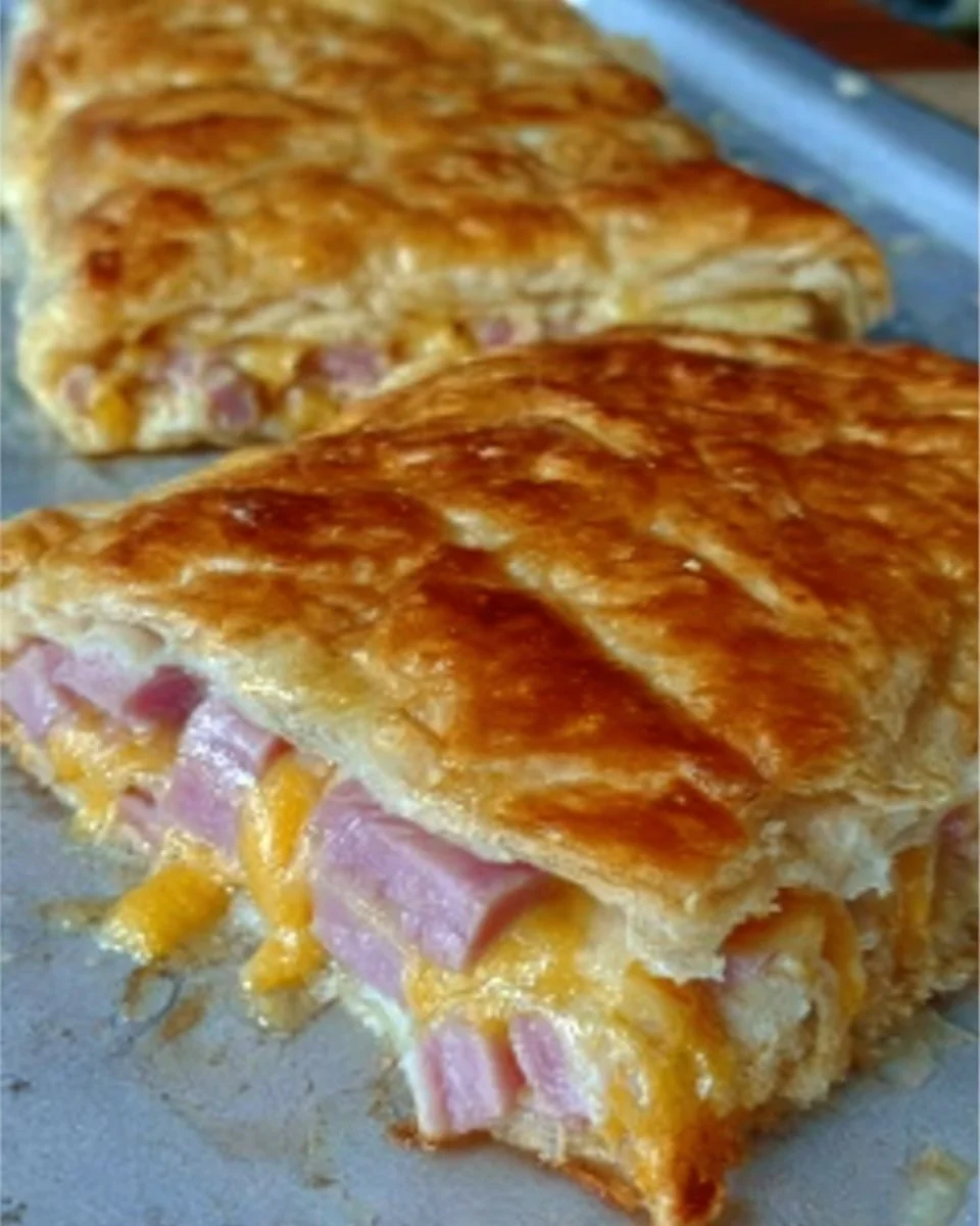 Ham and Cheese Puff Pastry Melt, a golden flaky pastry stuffed with ham and cheese.