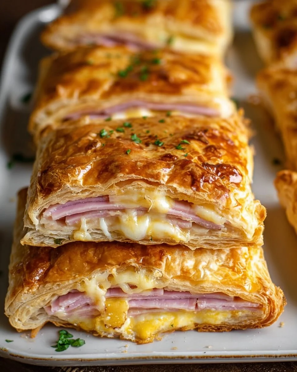 Delicious ham and cheese puff pastry pockets on a plate.