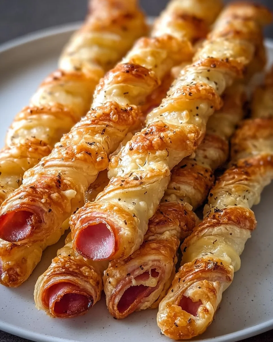 Ham and cheese puff pastry sticks ready to serve as a delicious snack