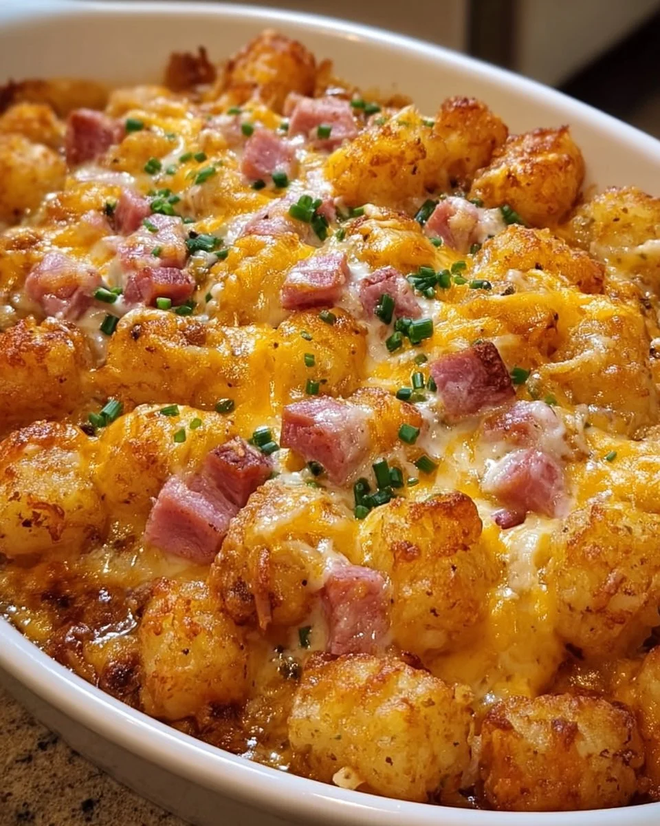 Delicious Ham Tater Tot Bake topped with cheese and herbs.