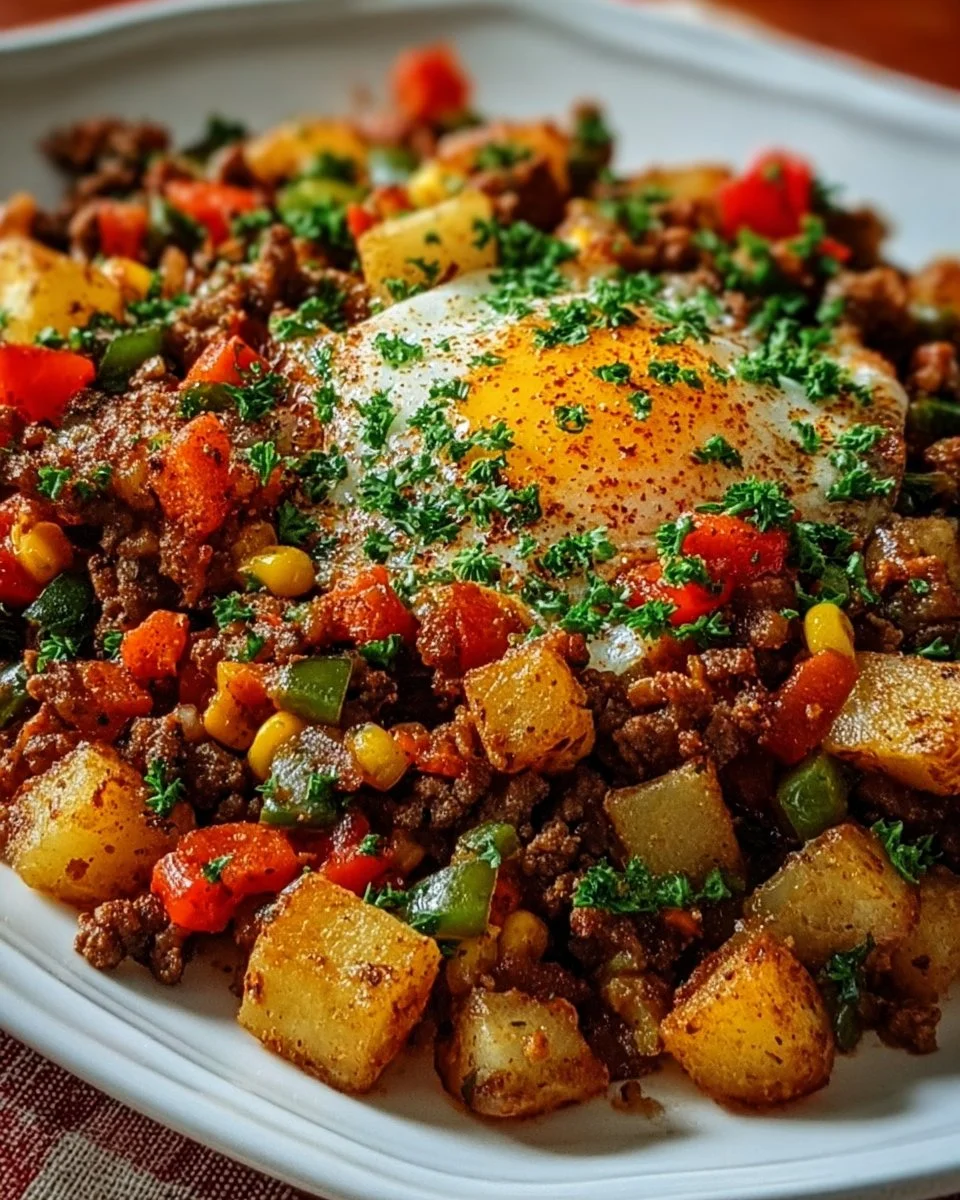 A tasty plate of Hamburger Hash with ground beef, potatoes, and vegetables