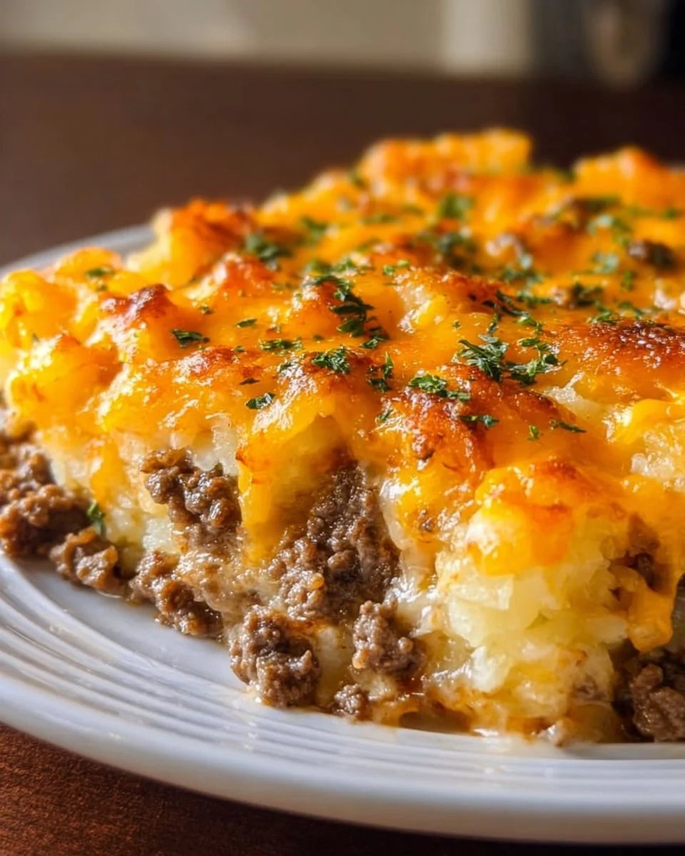 Delicious Hamburger Hashbrown Casserole baked with ground beef and crispy hashbrowns
